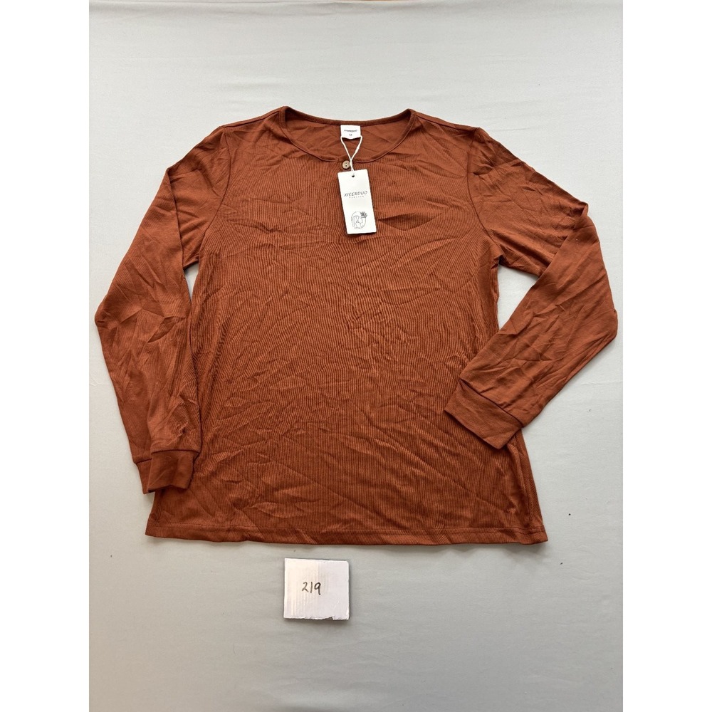 XIEERDUO Womens Rust Ribbed Knit Long Sleeve Henley Top Size M Scoop Neck